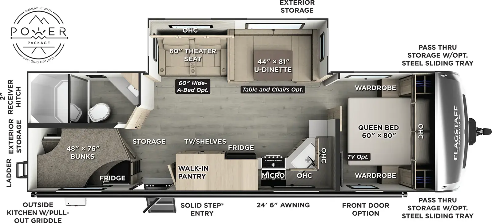 The Flagstaff Super Lite Travel Trailers 27DBH floorplan has two entries and one slide out. Exterior features include: fiberglass exterior, 24'6" awning and outside kitchen. Interiors features include: bunk beds, free-standing dinette option, u-dinette and front bedroom.